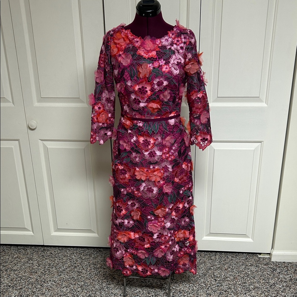 Marchesa Notte Floral Embroidered Midi Dress - 
Size 2